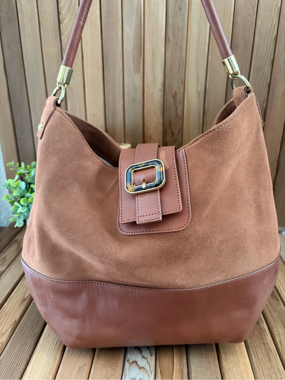 Talbots Brown Suede & Leather Hobo Shoulder Bag Tortoise Buckle